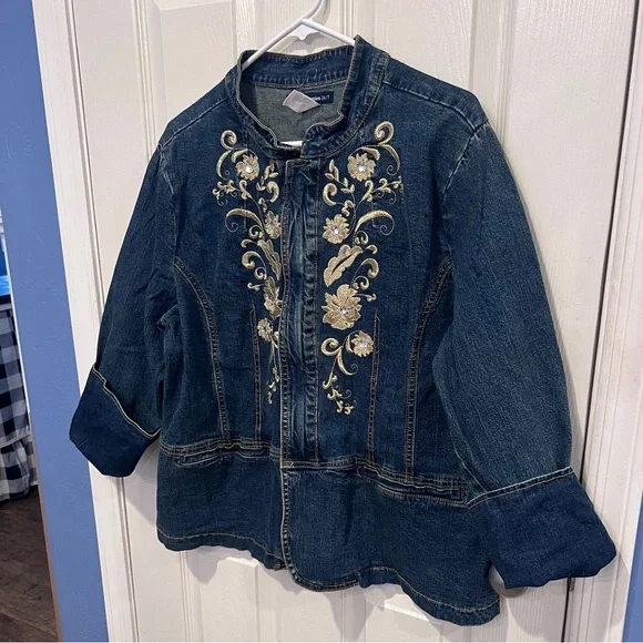 Denim jean Jacket mandarin collar countrycore western cowgirl embroidered peplum - Picture 7 of 10